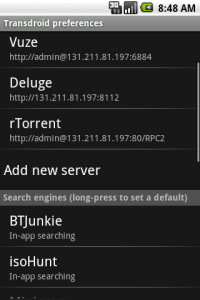 The settings screen, with different servers and search engines