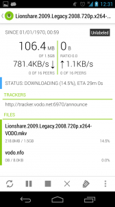 Transdroid 2 details screen showing torrent status, trackers and file listing